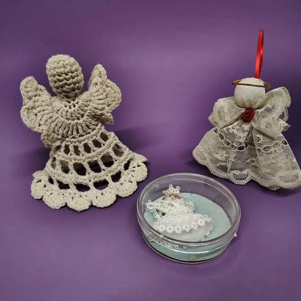 Lot of 2 Angels Vtg‎ Handmade Ornaments Crochet Lace Religious Christmas Decor